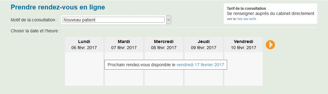 Image de l'interface pour prendre un rendez-vous en ligne